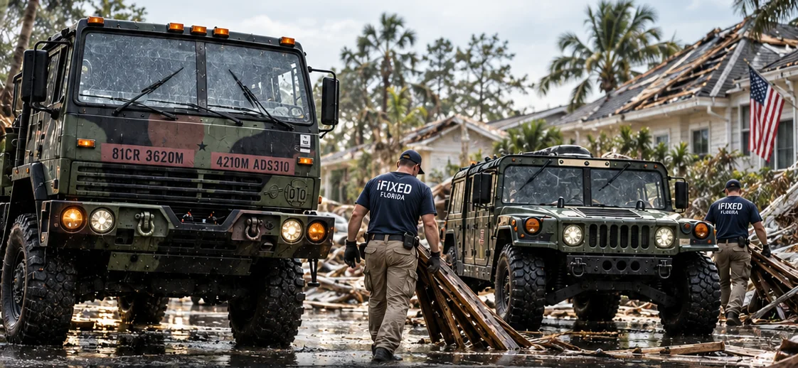 iFIXED LMTV cargo truck, HMMWV, and crew clearing storm debris, from the iFIXED disaster relief graphic